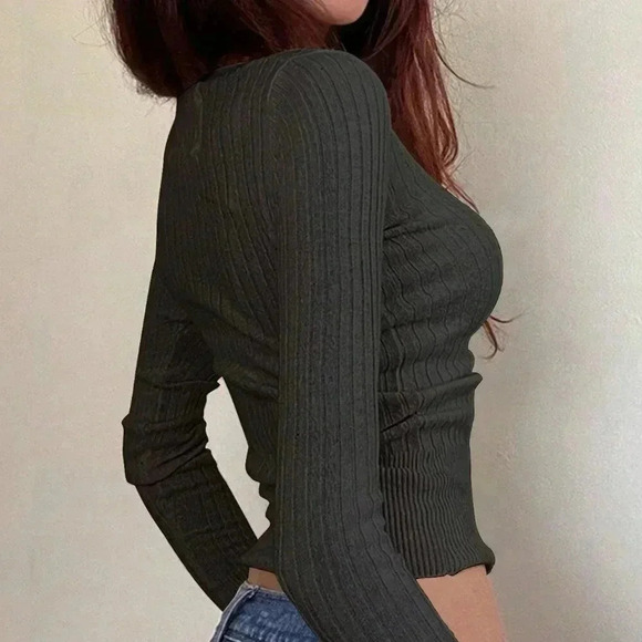 Black Casual Women's Solid Button Half Turtleneck Long Sleeve Sweater - Picture 2 of 4